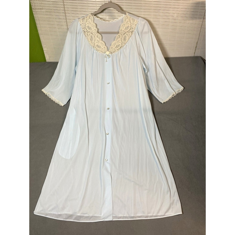 Vintage Feminine Flowy Sheer Lace Trim Nylon Robe Women's S Beaded Light Blue